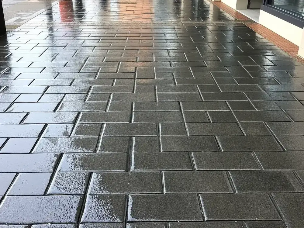 Illustration: a close view of freshly washed dark block paving on a commercial forecourt, still wet.