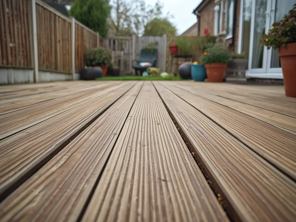 Illustration: a clean timber decking terrace in a back garden.