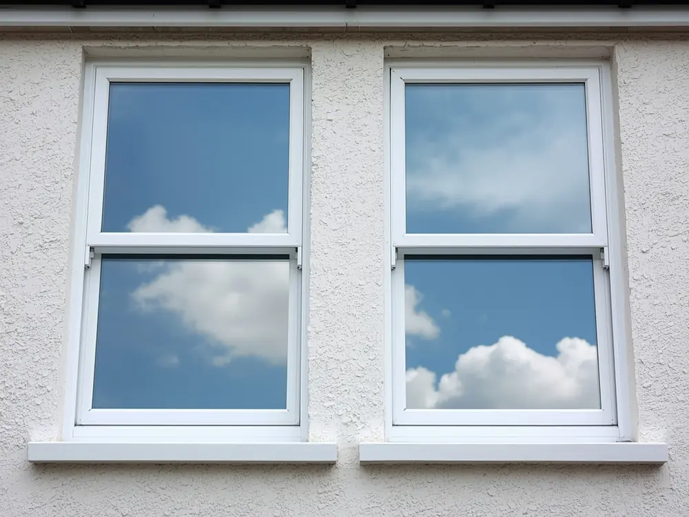 Illustration: two spotless white uPVC windows reflecting a blue sky.