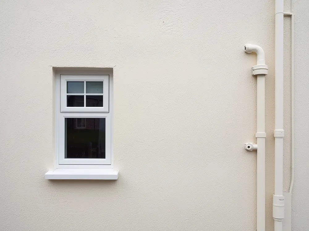 Illustration: a clean cream rendered house wall with a white window and a downpipe.